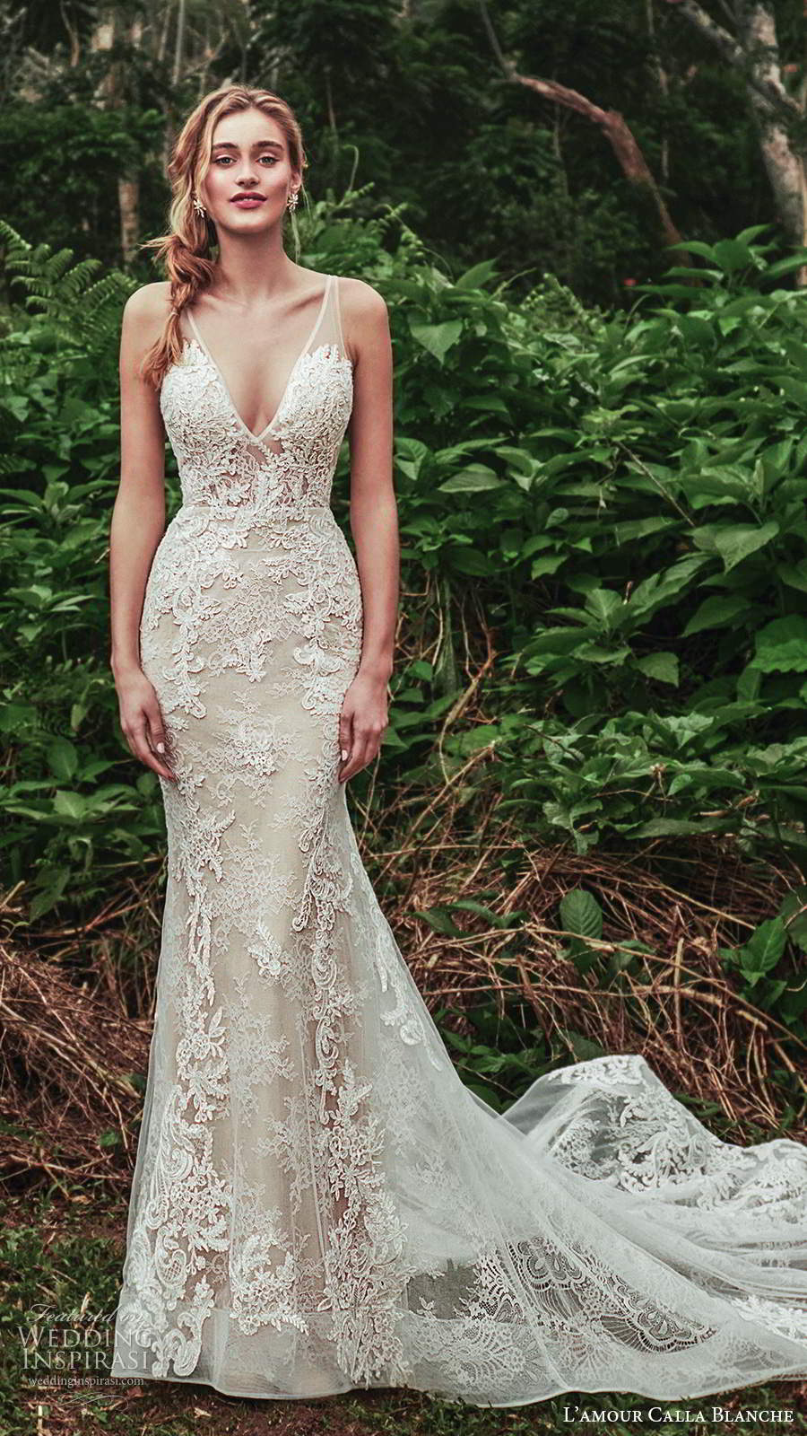 calla blanche fall 2020 bridal sleeveless sheer straps plunging v neckline fully embellished lace fit flare mermaid wedding dress chapel train (9) mv