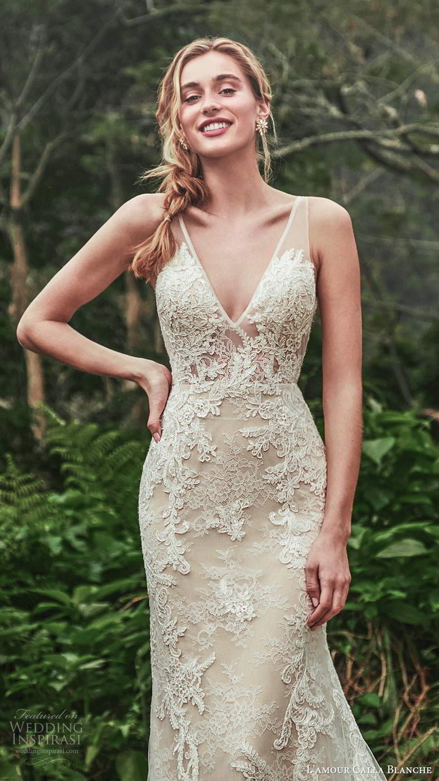 calla blanche fall 2020 bridal sleeveless sheer straps plunging v neckline fully embellished lace fit flare mermaid wedding dress chapel train (9) zv