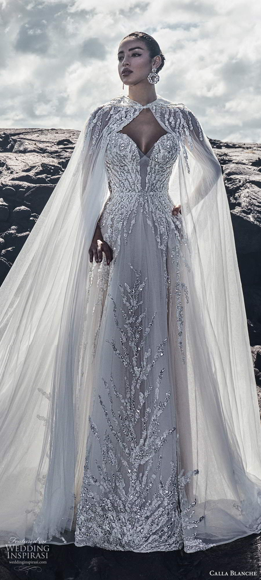 calla blanche fall 2020 bridal strapless sweetheart neckline fully embellished a line wedding dress sheer cape (4) lv