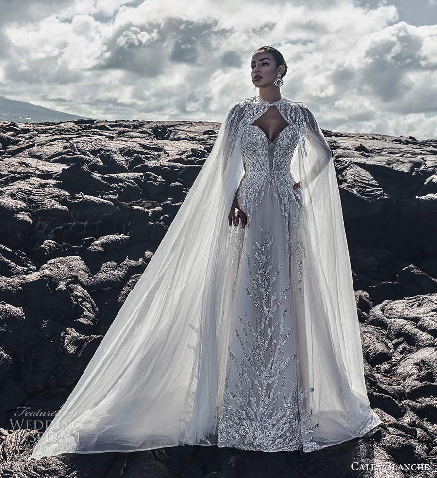 calla blanche fall 2020 bridal strapless sweetheart neckline fully embellished a line wedding dress sheer cape (4) mv