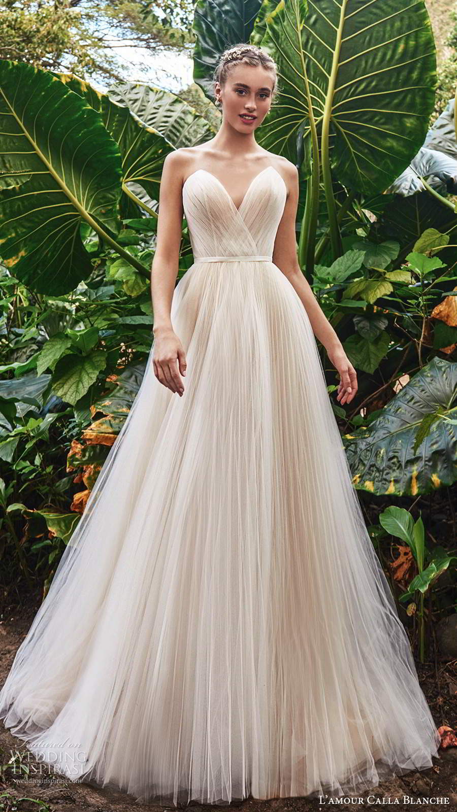 calla blanche fall 2020 bridal strapless sweetheart neckline ruched bodice a line ball gown blush wedding dress pleated skirt chapel train (8) mv