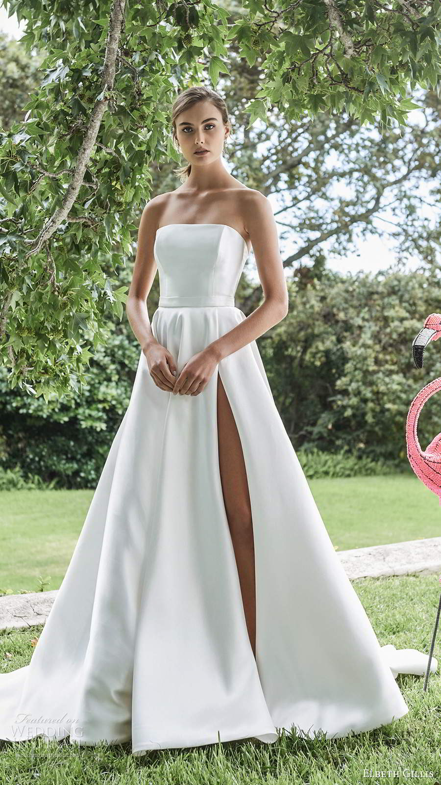 elbeth gillis 2021 bridal strapless straight across clean minimalist a line ball gown wedding dress slit skirt chapel train (10) mv