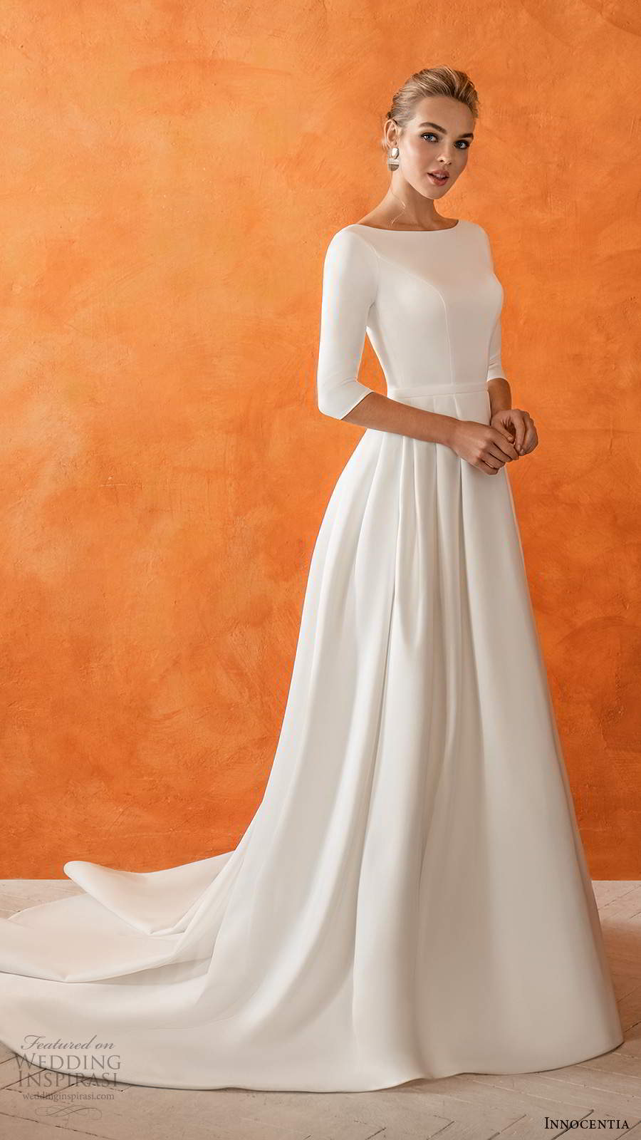 innocentia 2021 bridal 3 quarter sleeves bateau neckline clean minimalist a line ball gown wedding dress chapel train (8) mv