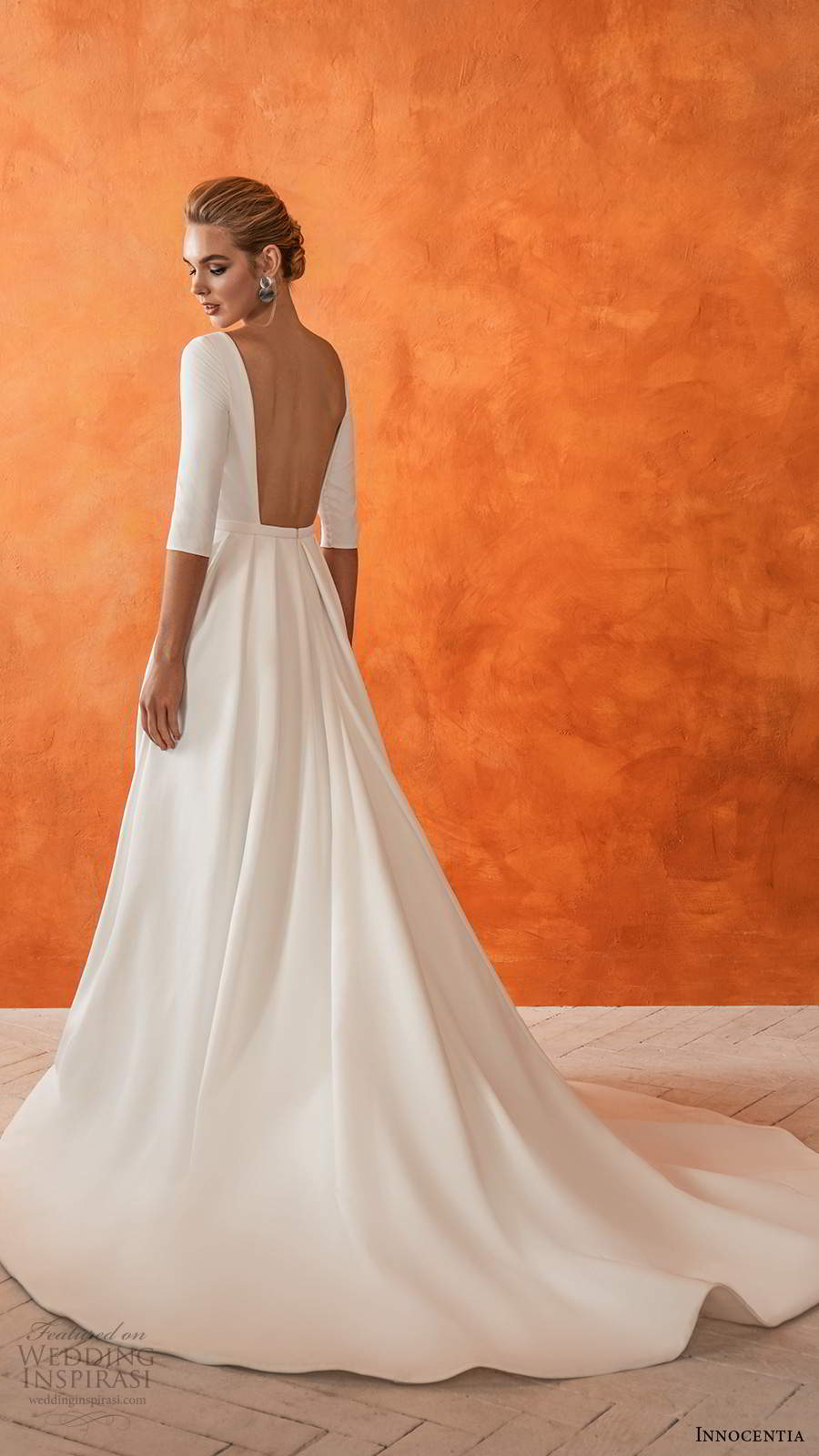 innocentia 2021 bridal 3 quarter sleeves bateau neckline clean minimalist a line ball gown wedding dress open back chapel train (8) bv