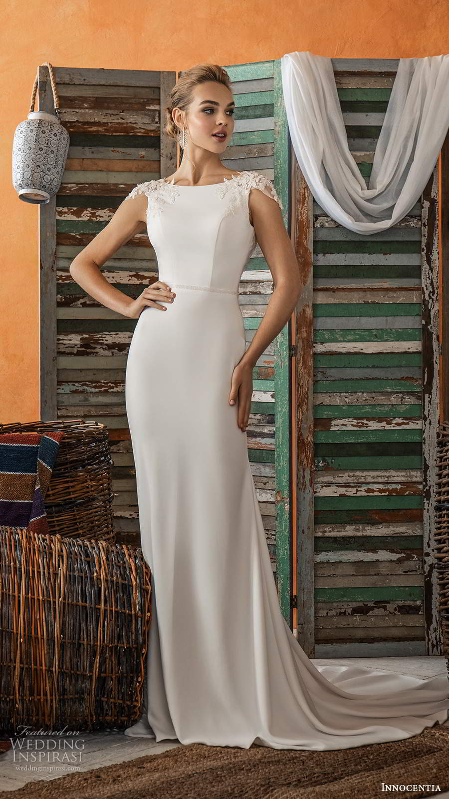 innocentia 2021 bridal cap sleeves bateau neckline clean minimalist simple sheath wedding dress chapel train (17) mv