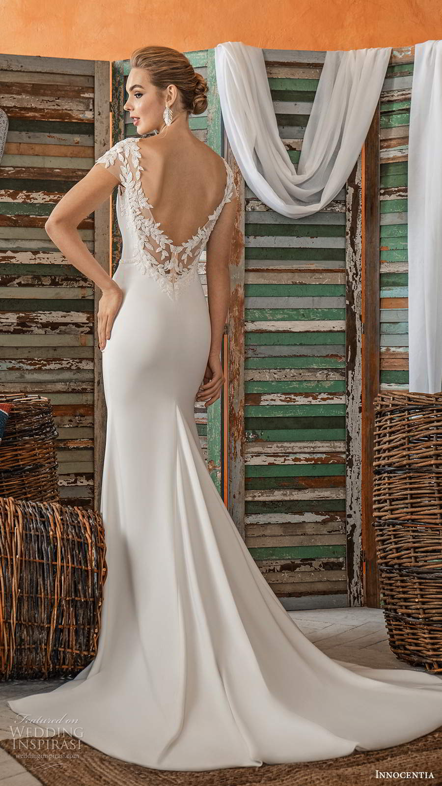 innocentia 2021 bridal cap sleeves bateau neckline clean minimalist simple sheath wedding dress sheer v back chapel train (17) mv