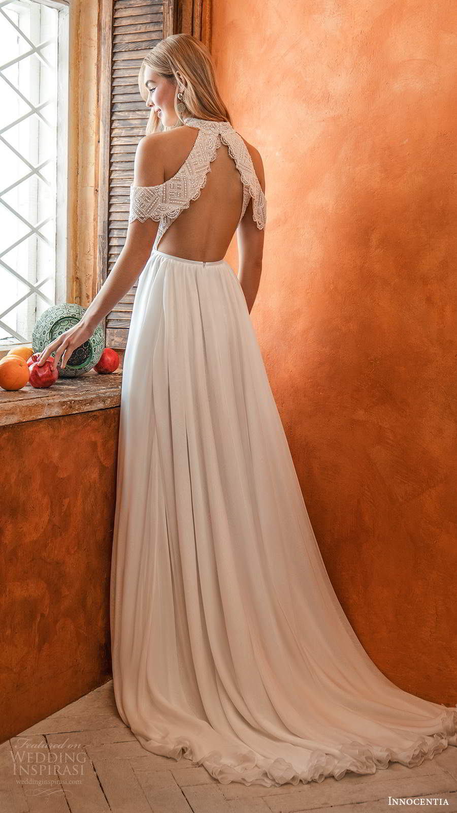 innocentia 2021 bridal cold shoulder straps high neckline embellished bodice a line ball gown wedding dress slit skirt cutout back chapel train (9) bv
