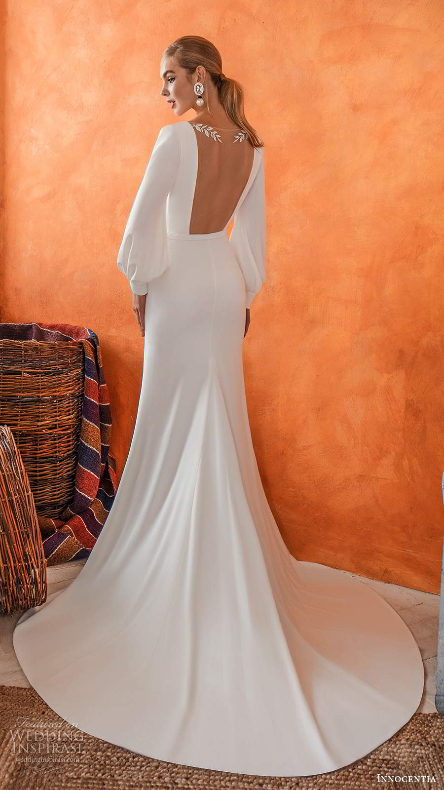 innocentia 2021 bridal long bishop sleeves v neckline clean minimalist simple sheath wedding dress chapel train (11) bv