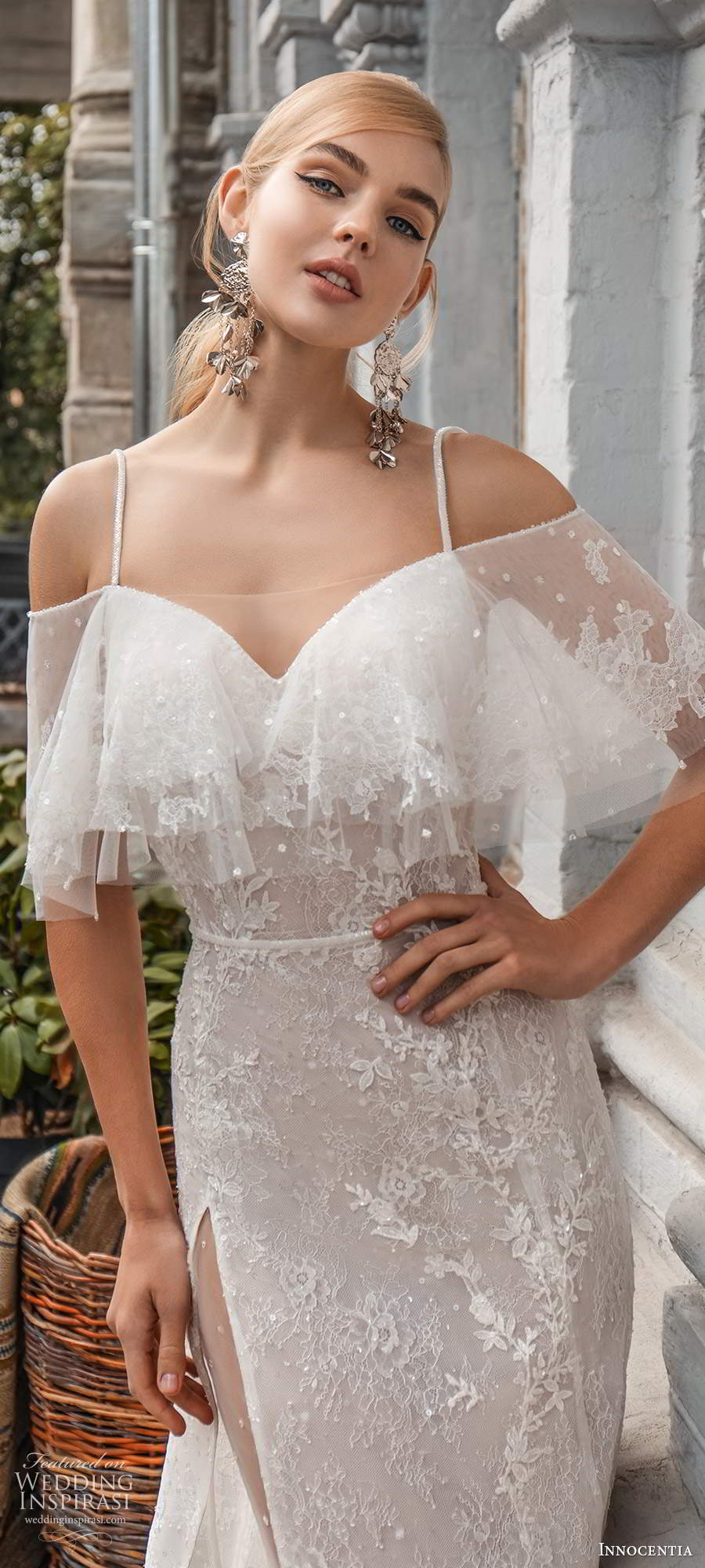 innocentia 2021 bridal off shoulder elbow flutter sleeves straps sweetheart neckline fit flare sheath wedding dress chapel train (5) zv