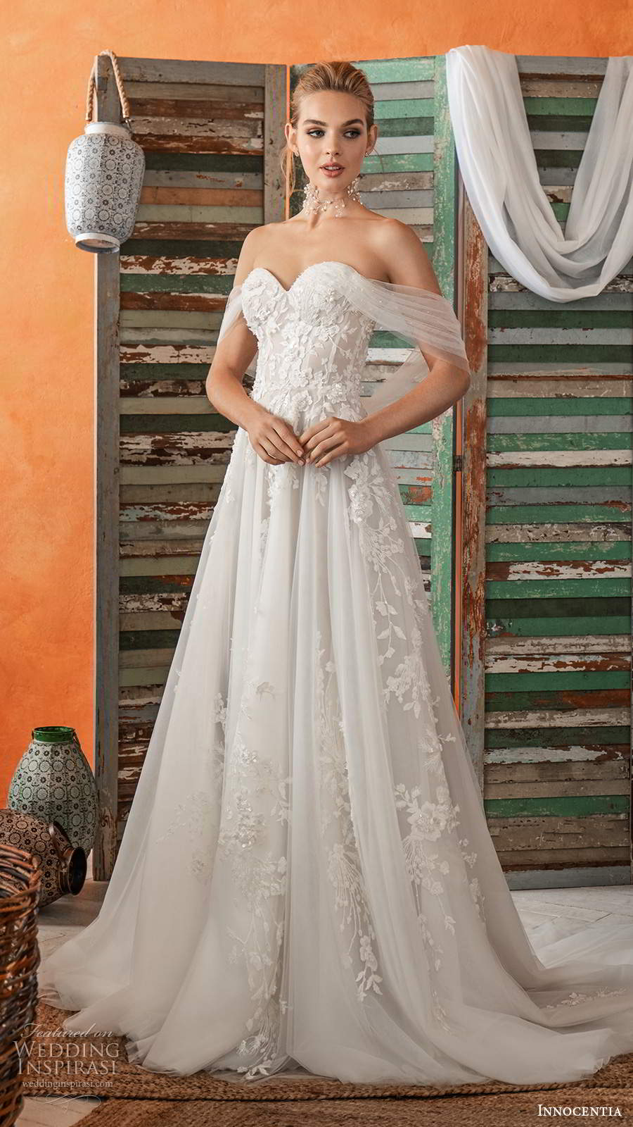 innocentia 2021 bridal off shoulder sheer straps sweetheart neckline fully embellished a line ball gown wedding dress chapel train (2) mv