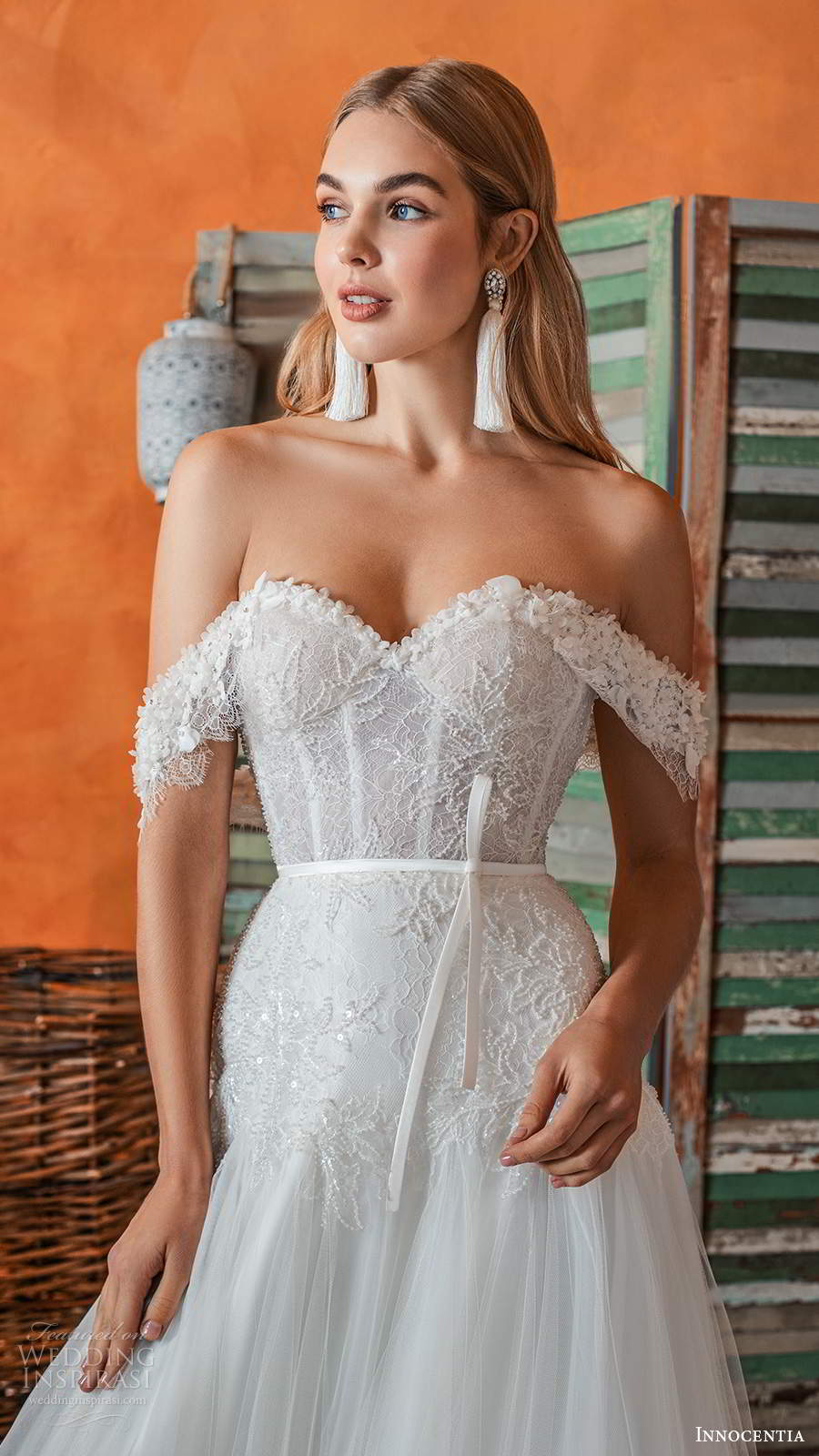 innocentia 2021 bridal off shoulder straps sweetheart neckline embellished bodice a line ball gown wedding dress chapel train (6) zv