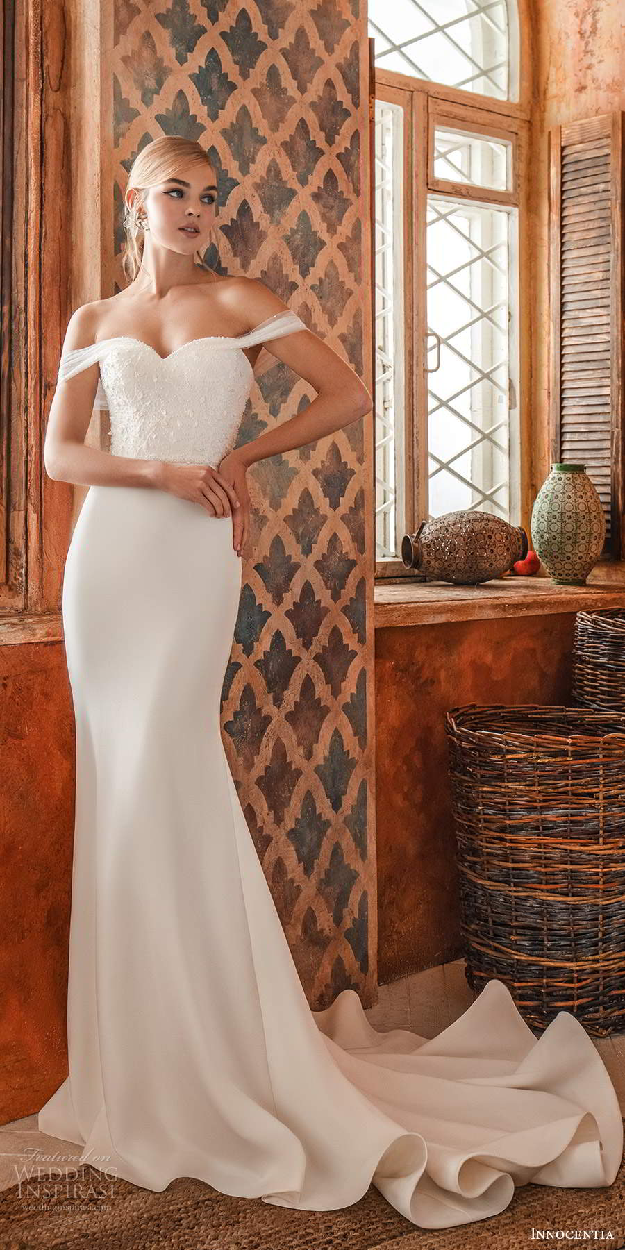 innocentia 2021 bridal off shoulder straps sweetheart neckline embellished bodice sheat wedding dress clean skirt chapel train (3) mv