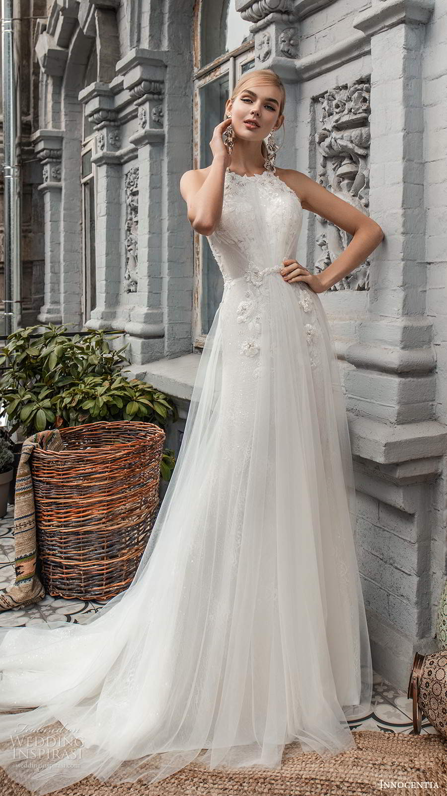 innocentia 2021 bridal sleeveless halter neckline ruched bodice fully embellished a line wedding dress chapel train (18) mv