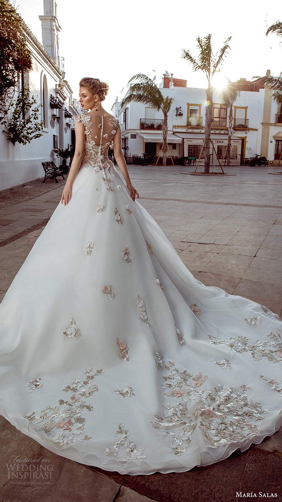 maria salas 2019 bridal cap sleeves illusion bateau neckline heavily embellished bodice a line ball gown wedding dress chapel train (21) bv