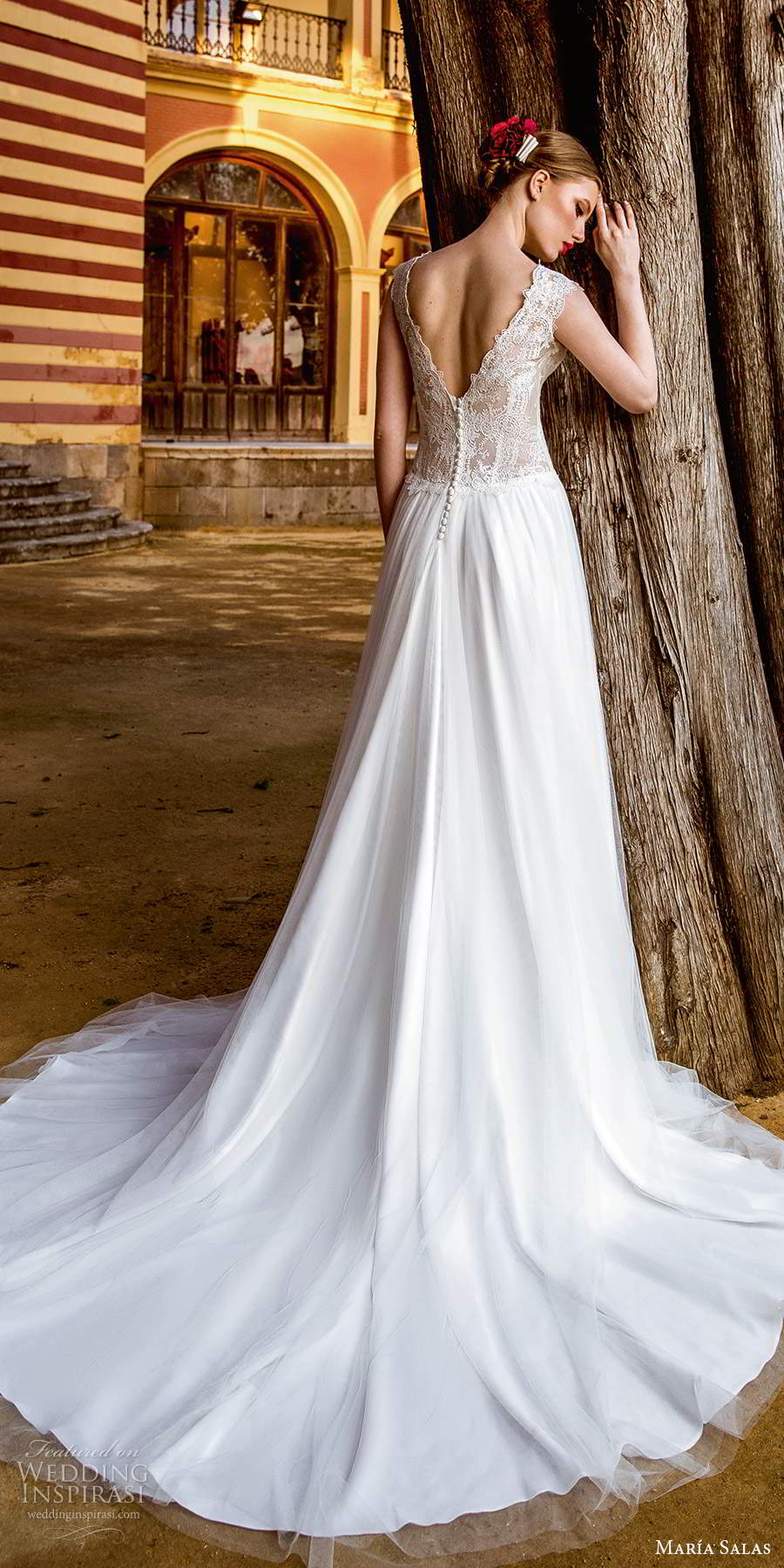 maria salas 2019 bridal cap sleeves straps v neckline lace bodice a line wedding dress chapel train (16) bv