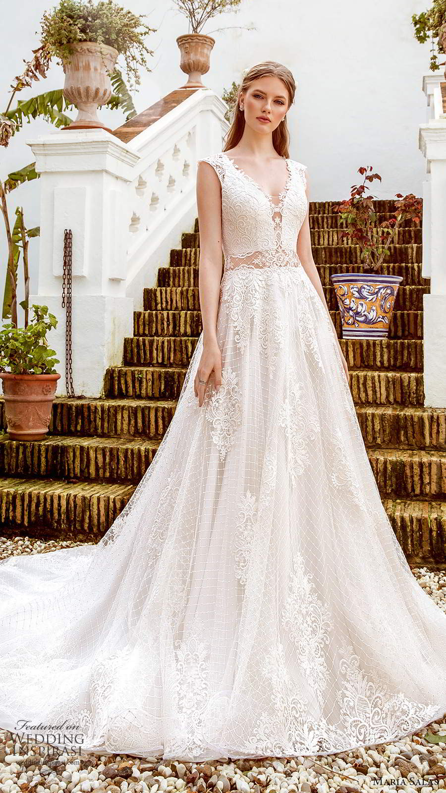 maria salas 2019 bridal cap sleeves thick straps plunging v neckline fully embellished a line ball gown wedding dress chapel train (17) mv