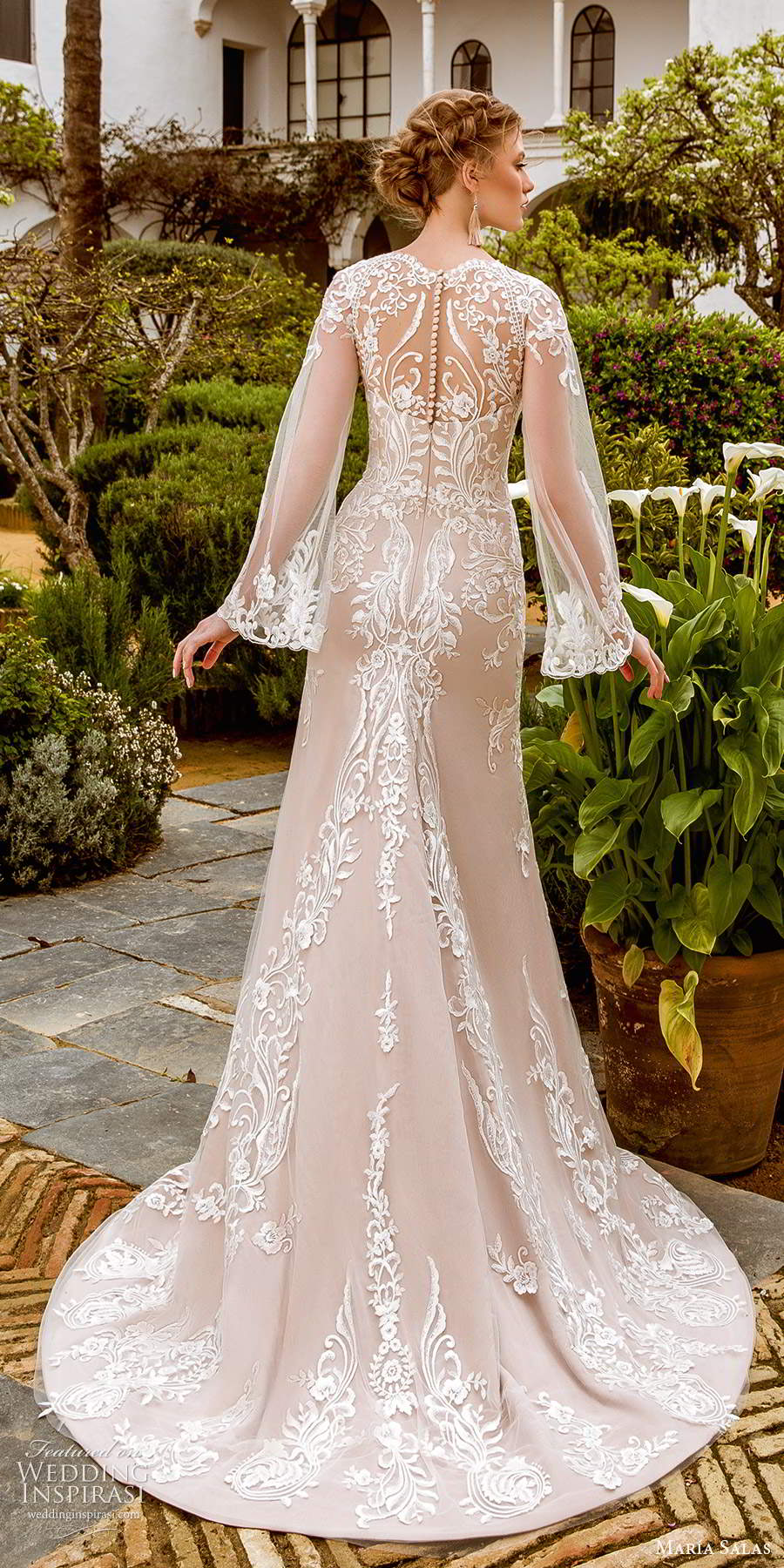 maria salas 2019 bridal flare sleeves plunging v neckline fully embellished lace fit flare a line wedding dress slit skirt chapel train (10) bv