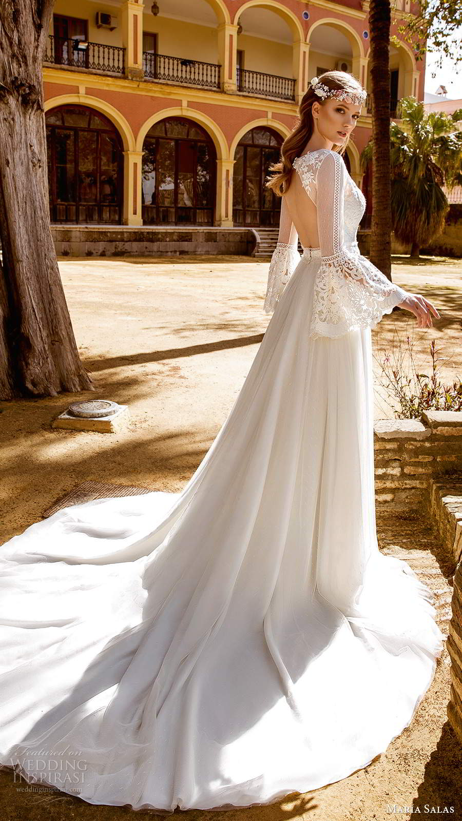 maria salas 2019 bridal flare sleeves sheer bateau sweetheart neckline lace bodice a line ball gown wedding dress chapel train (9) bv