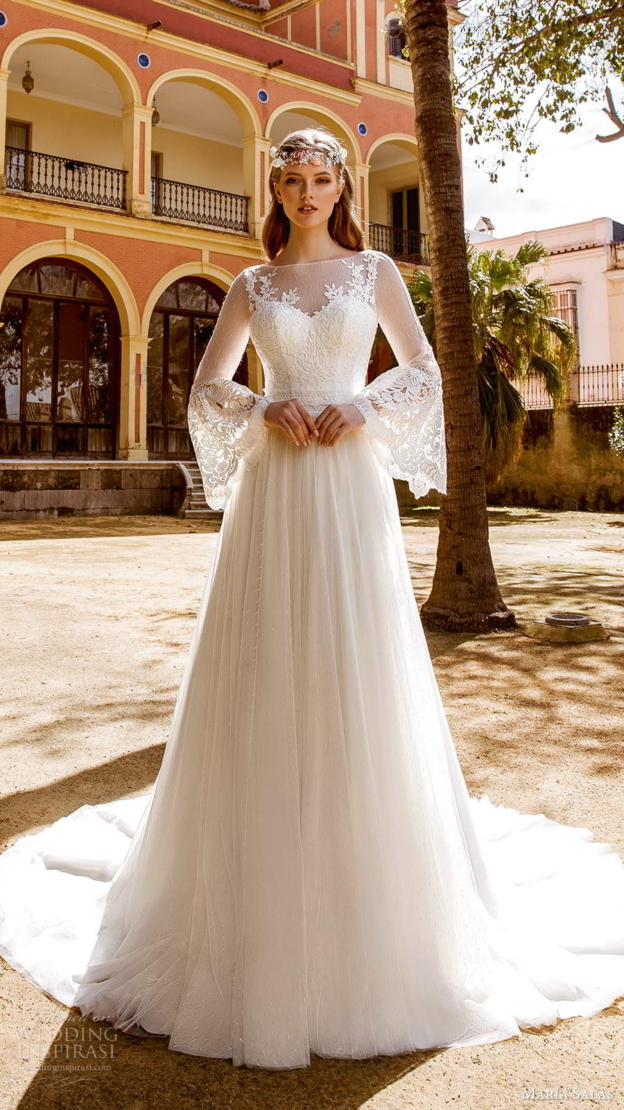 maria salas 2019 bridal flare sleeves sheer bateau sweetheart neckline lace bodice a line ball gown wedding dress chapel train (9) mv