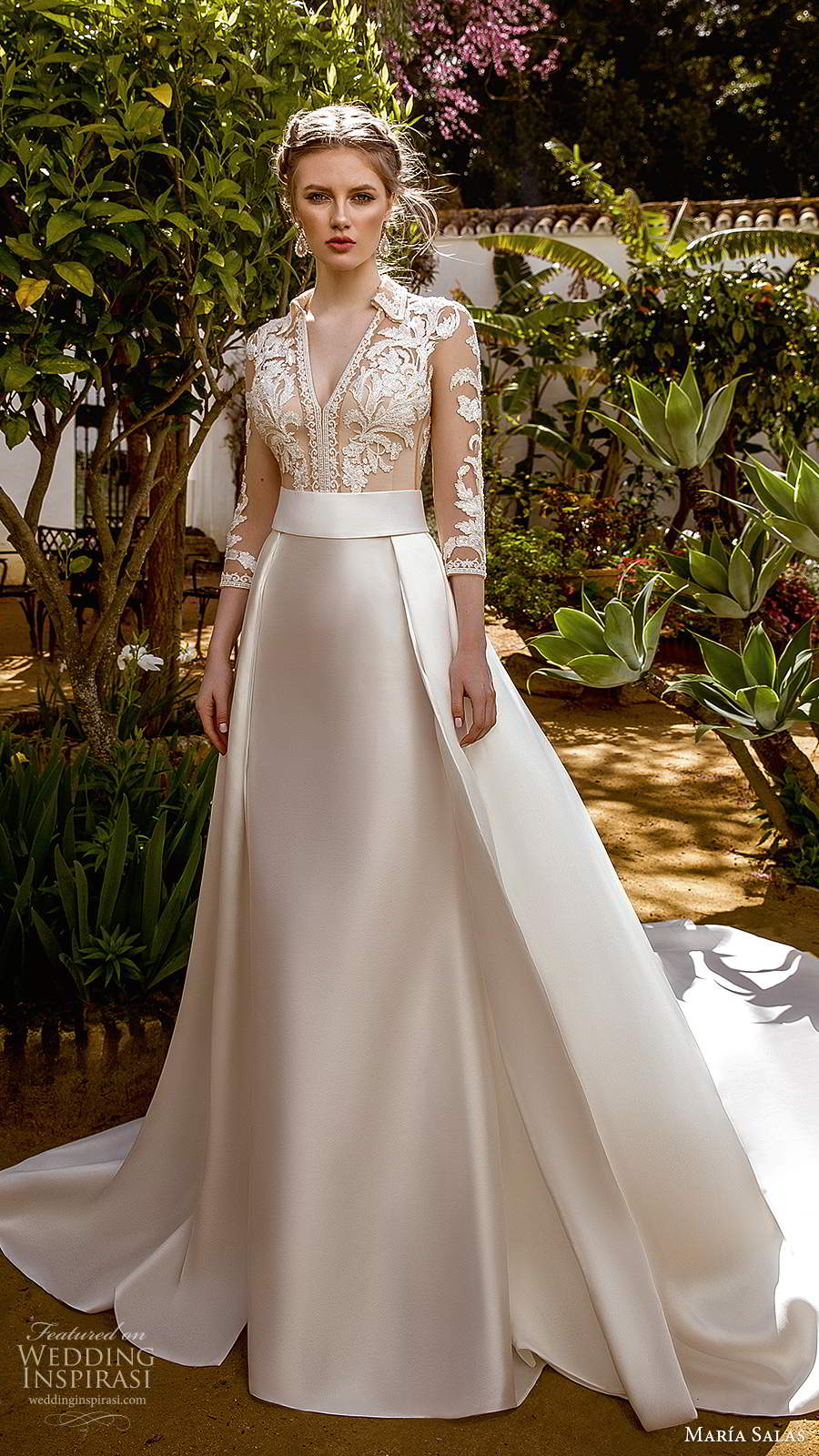 maria salas 2019 bridal illusion 3 quarter sleeves collar v neckline sheer embellished bodice a line ball gown wedding dress clean skirt chapel train (2) mv