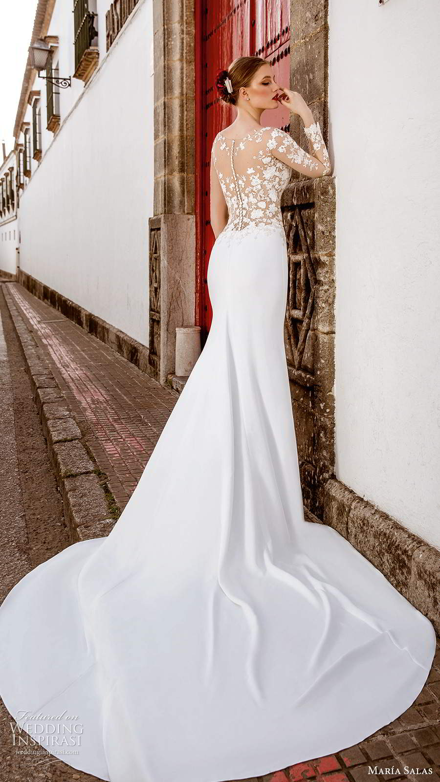 maria salas 2019 bridal illusion long sleeves v neckline embellished bodice clean skirt sheath wedding dress chapel train (11) bv