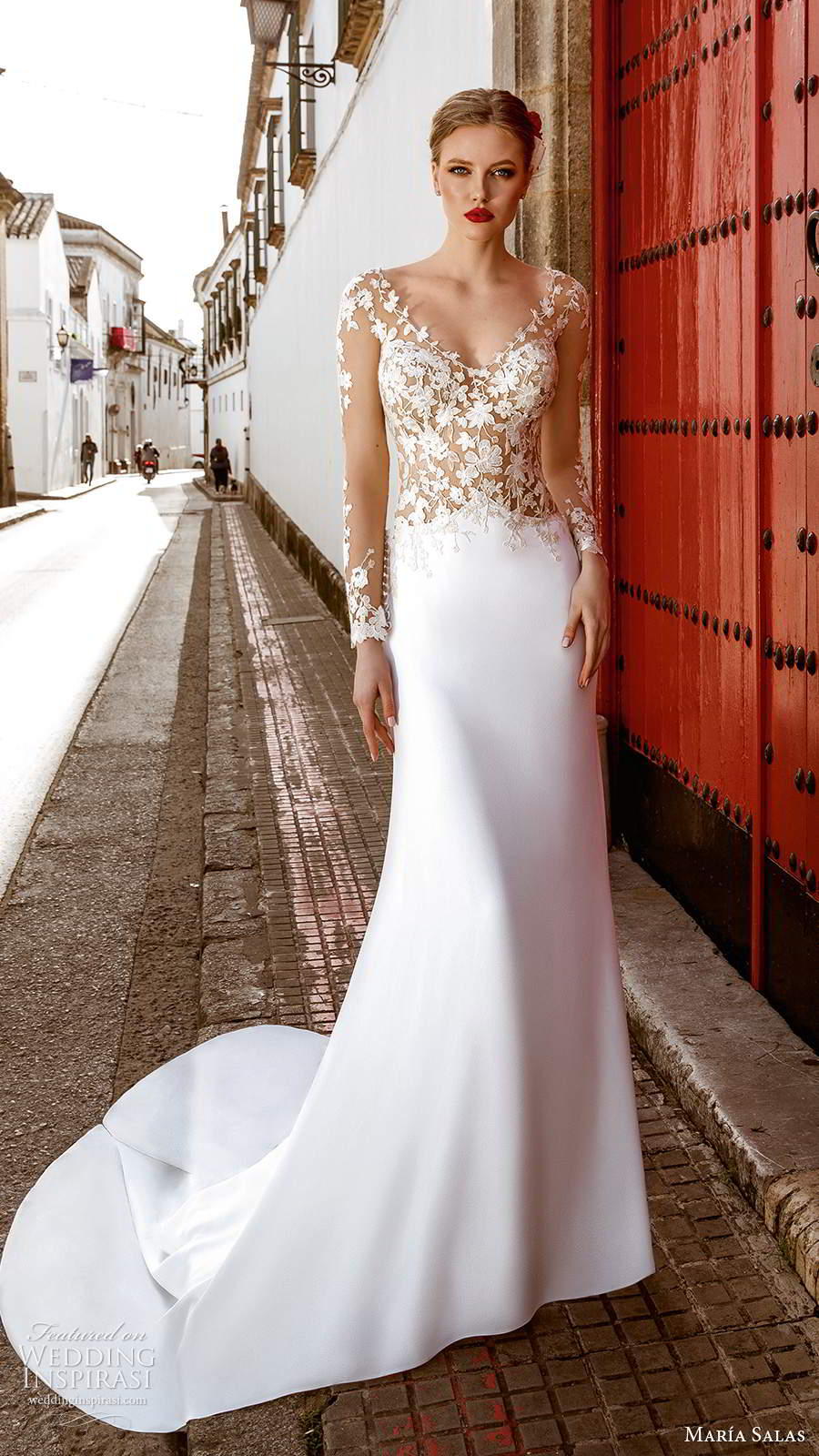 maria salas 2019 bridal illusion long sleeves v neckline embellished bodice clean skirt sheath wedding dress chapel train (11) mv