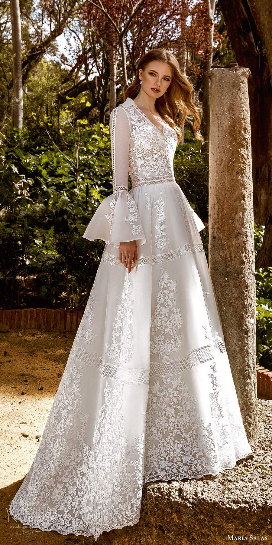 maria salas 2019 bridal long bell sleeves collar v neckline fully embellished lace a line ball gown wedding dress chapel train (6) mv