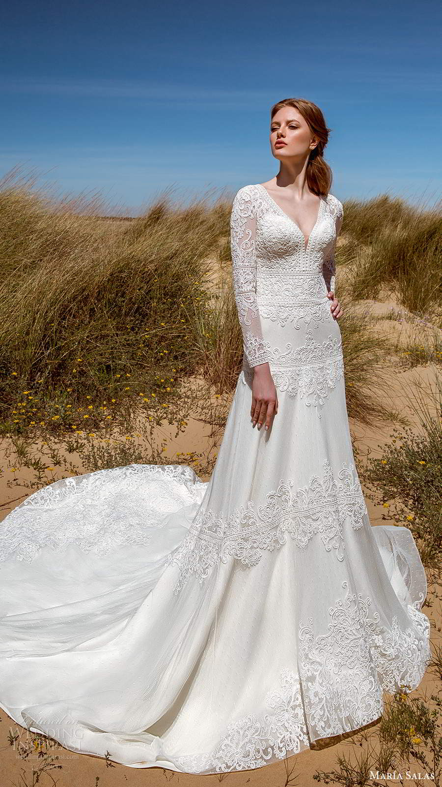 maria salas 2019 bridal long sleeves plunging v neckline fully embellished lace a line ball gown wedding dress chapel train (18) mv