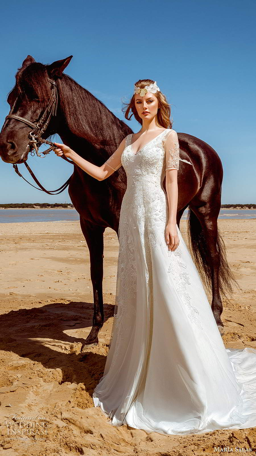 maria salas 2019 bridal sheer half sleeves plunging v nekline fully embellished a line ball gown wedding dress chapel train (19) mv