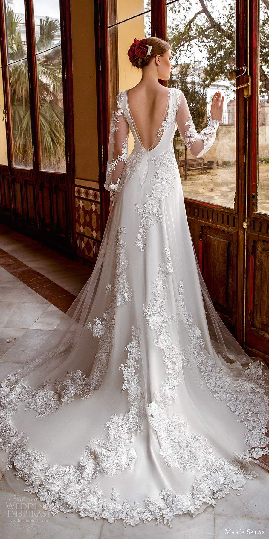 maria salas 2019 bridal sheer long bishop sleeves bateau neckline embellished a line ball gown wedding dress chapel train (3) bv