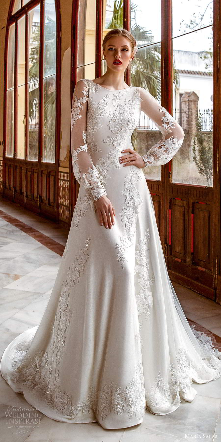 maria salas 2019 bridal sheer long bishop sleeves bateau neckline embellished a line ball gown wedding dress chapel train (3) mv