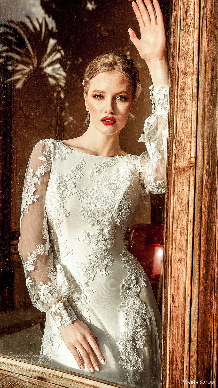 maria salas 2019 bridal sheer long bishop sleeves bateau neckline embellished a line ball gown wedding dress chapel train (3) zv