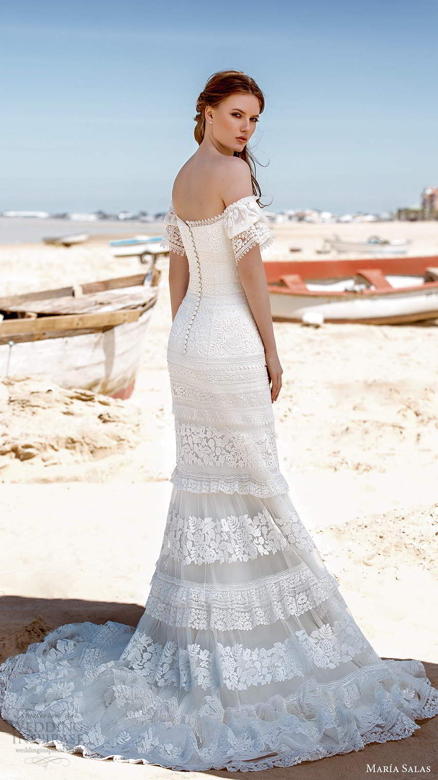 maria salas 2019 bridal short puff sleeves off shoulder neckline fully embellished lace boho mermaid wedding dress sweep train (22) bv