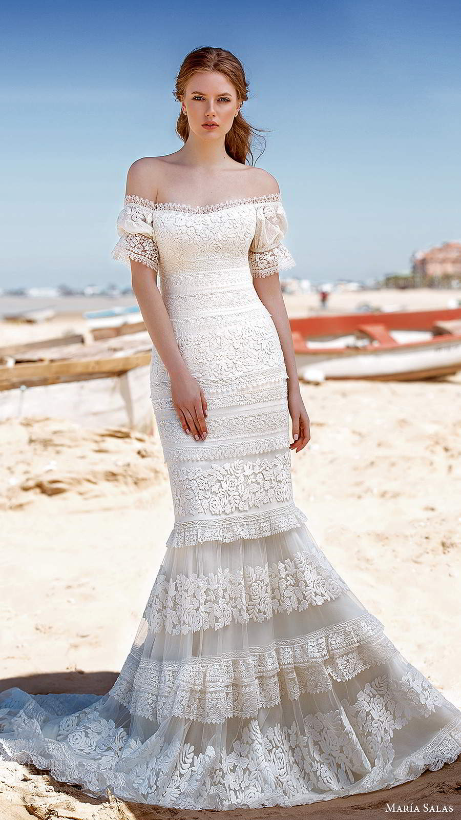 maria salas 2019 bridal short puff sleeves off shoulder neckline fully embellished lace boho mermaid wedding dress sweep train (22) mv