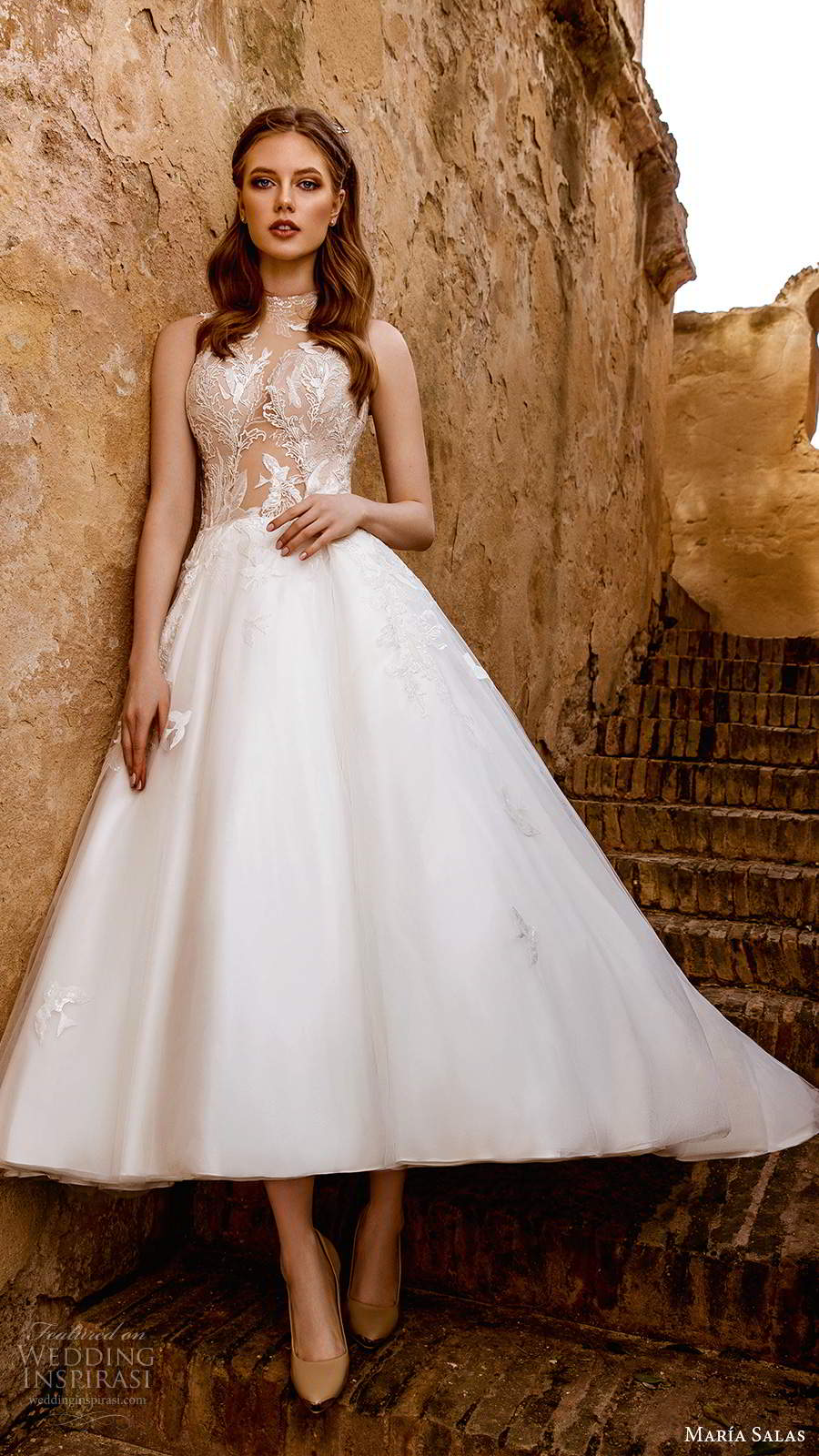 maria salas 2019 bridal sleeveless halter high neckline sheer embellished bodice a line ball gown high low wedding dress chapel train (14) mv