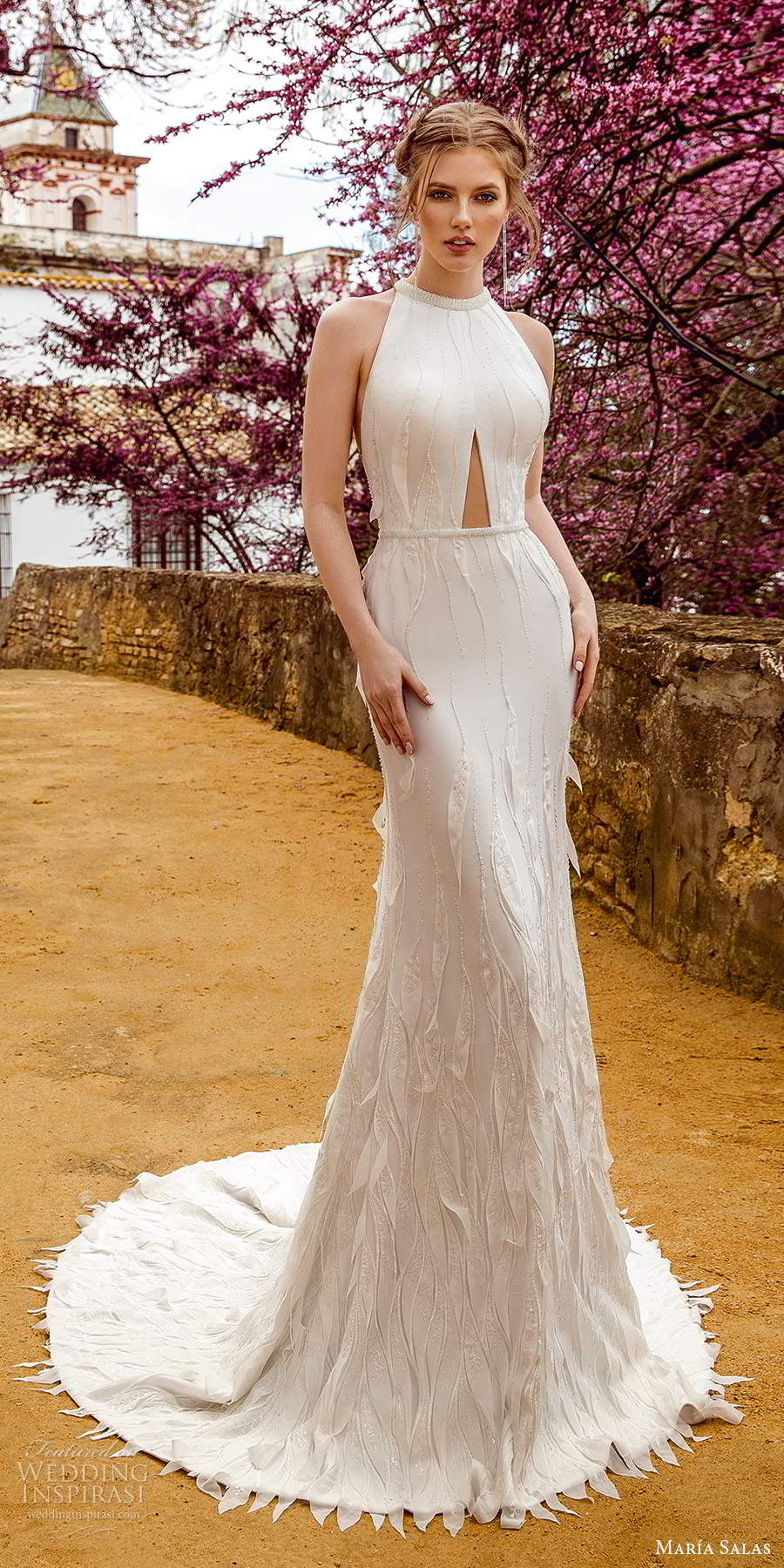 maria salas 2019 bridal sleeveless halter neckline embellished sheath wedding dress sheer back chapel train (15) mv
