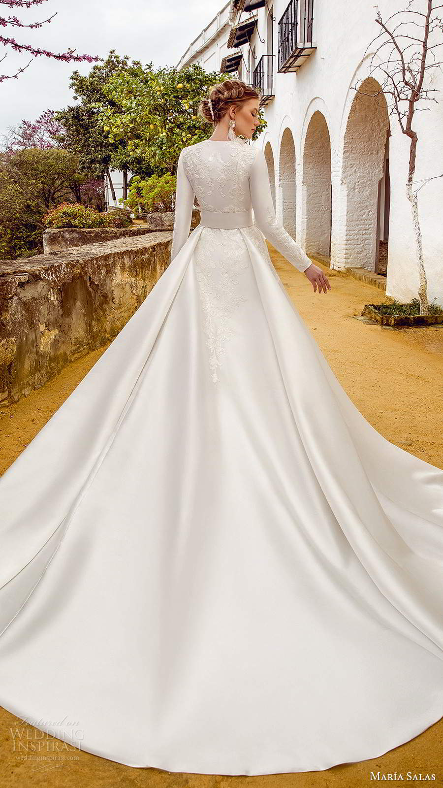 maria salas 2019 bridal sleeveless straps sweetheart neckline fully embellished fit flare sheath lace wedding dress chapel train jacket (13) bv