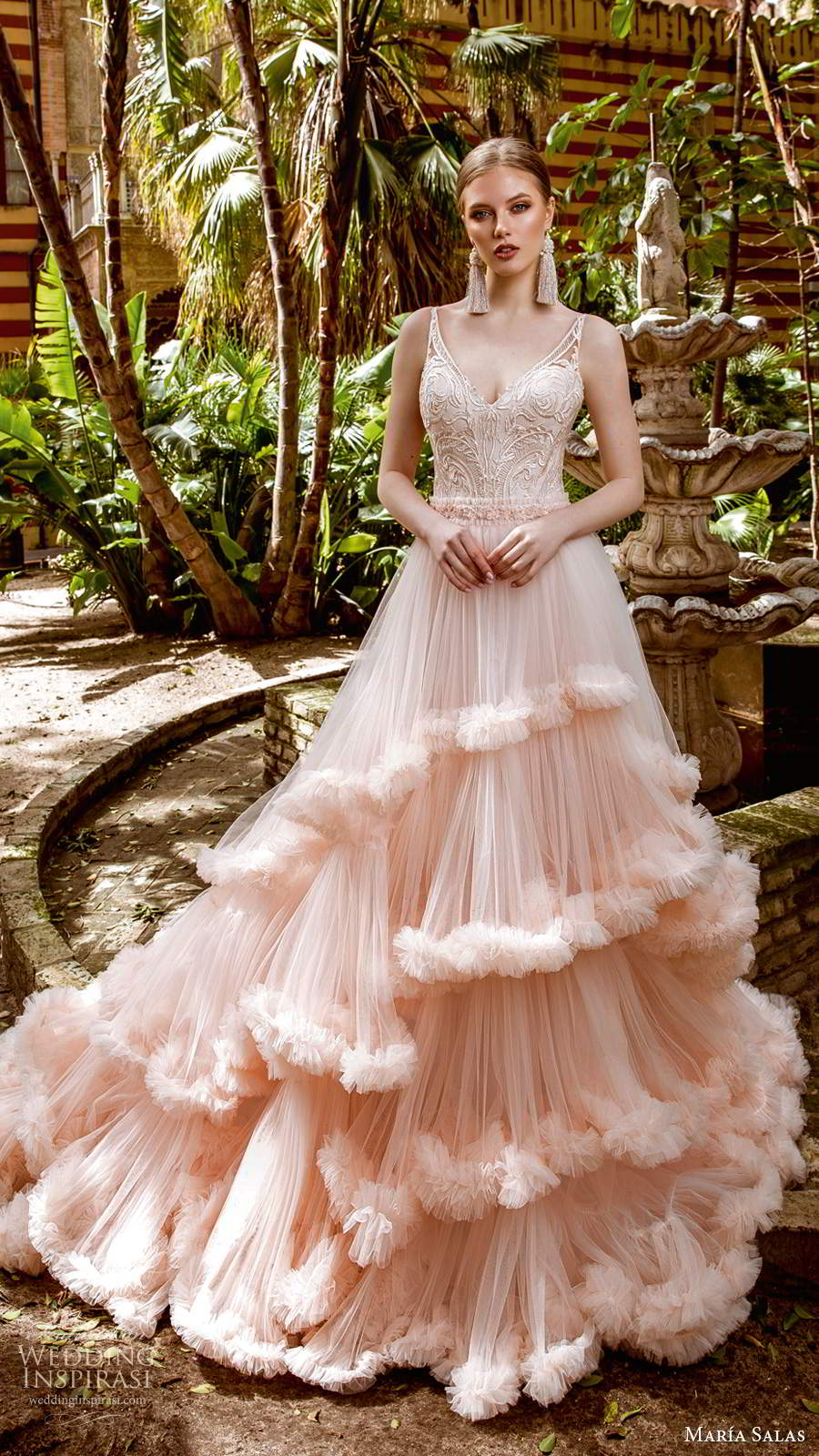 maria salas 2019 bridal sleeveless straps v neckline embellished bodice a line ball gown pink blush wedding dress ruffle skirt chapel train (4) mv