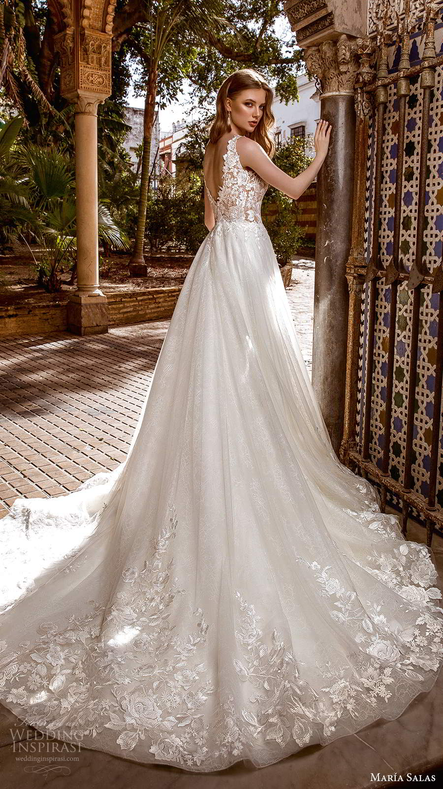maria salas 2019 bridal sleeveless straps v neckline embellished bodice a line ball gown wedding dress chapel train (5) bv