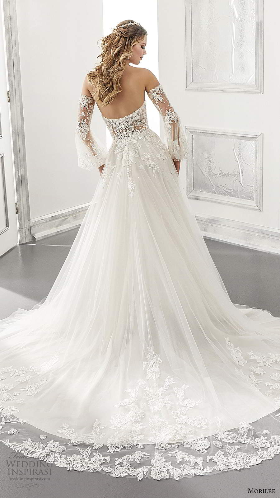 morilee spring 2021 bridal detached long bishop sleeves strapless sweetheart neckline embellished bodice a line ball gown wedding dress chapel train (6) bv