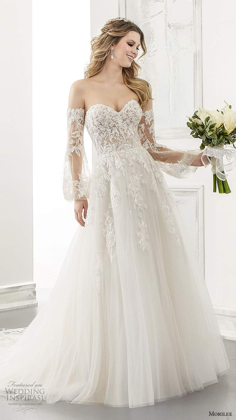 morilee spring 2021 bridal detached long bishop sleeves strapless sweetheart neckline embellished bodice a line ball gown wedding dress chapel train (6) mv