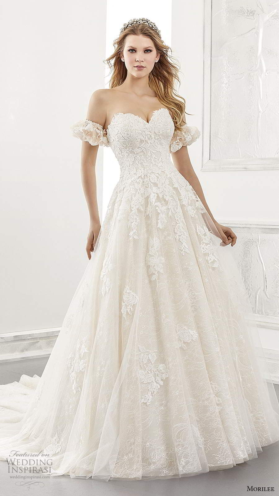 morilee spring 2021 bridal detached short puff sleeves strapless sweetheart neckline embellished bodice a line ball gown wedding dress cathedral train (17) mv