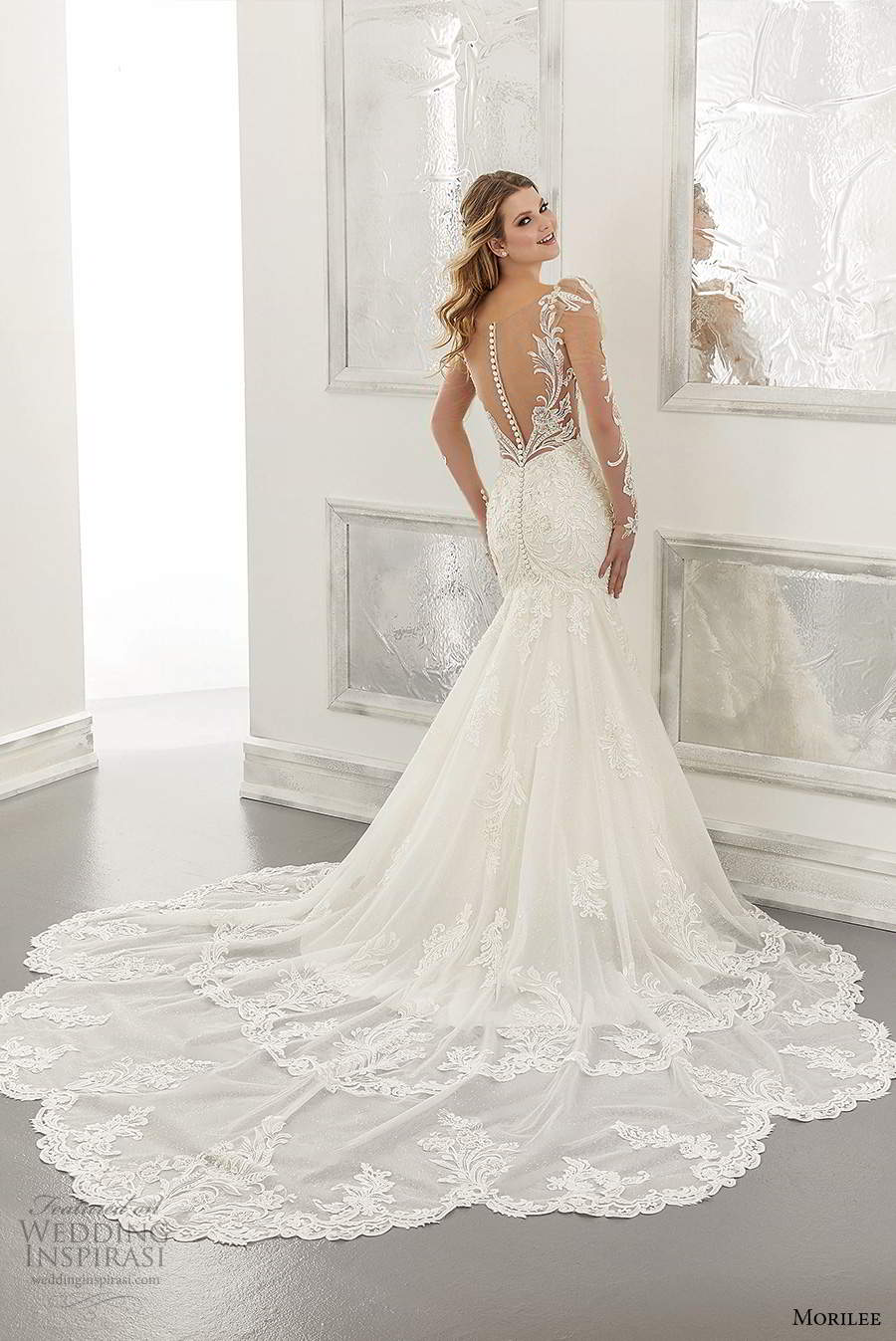 morilee spring 2021 bridal illusion long sleeves plunging v neckline heavily embellished fit flare lace wedding dress chapel train (3) bv