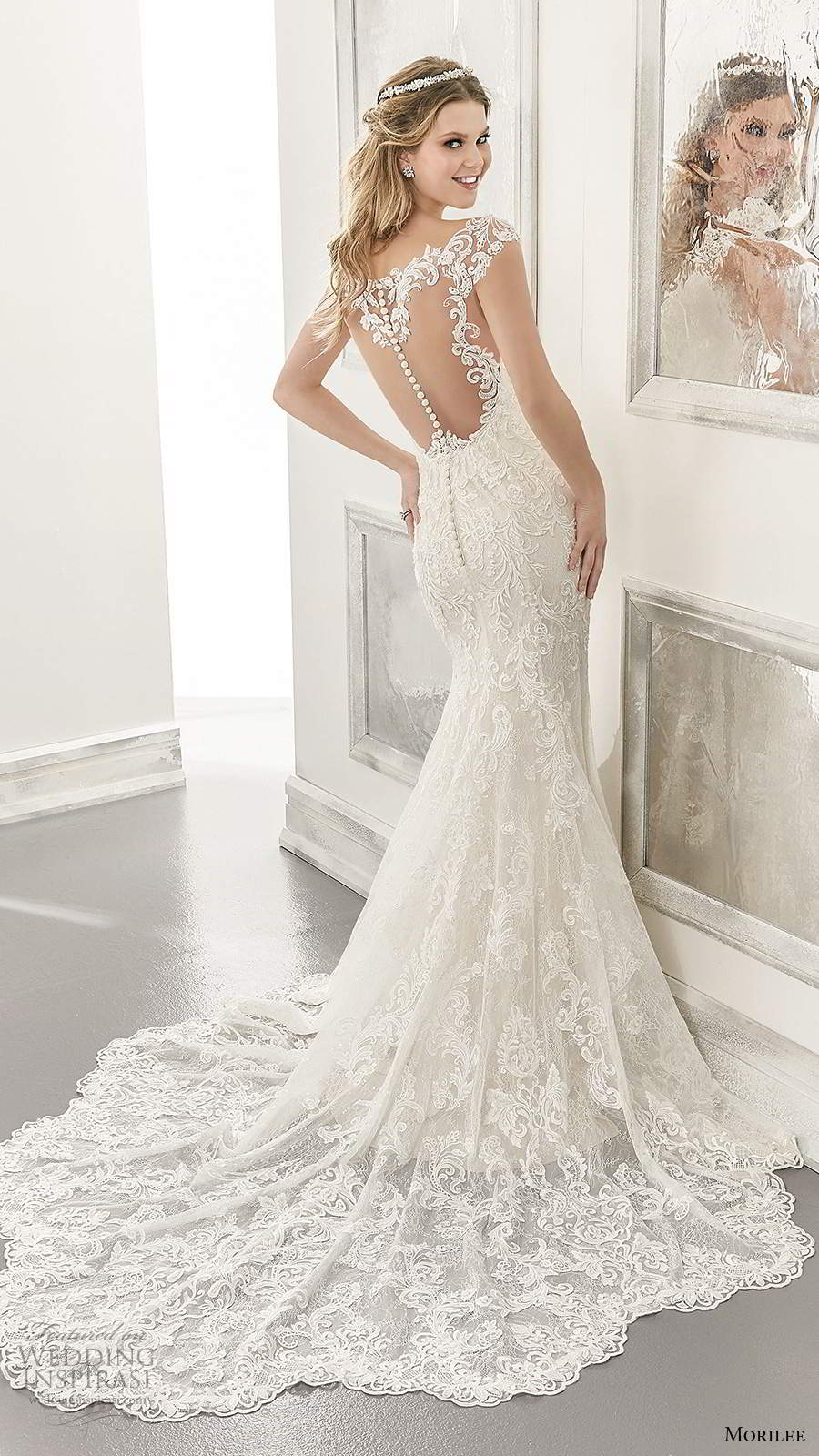 morilee spring 2021 bridal off shoulder cap sleeves sweetheart neckline fully embellished lace sheath wedding dress illusion back chapel train (13) bv