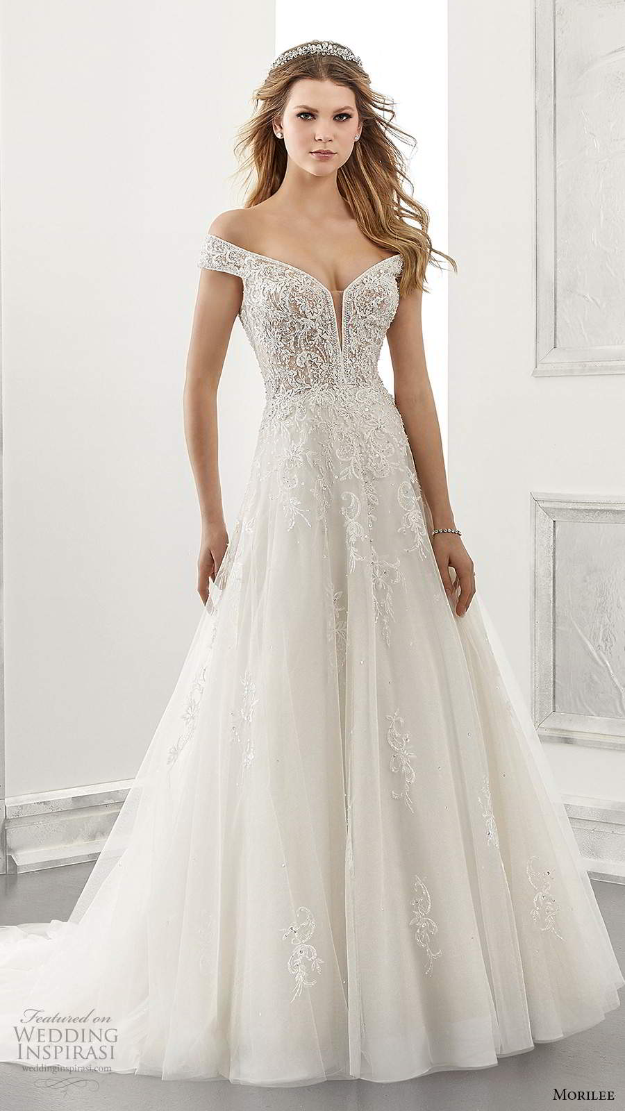 morilee spring 2021 bridal off shoulder straps sweetheart neckline embellished bodice a line ball gown wedding dress chapel train (22) mv