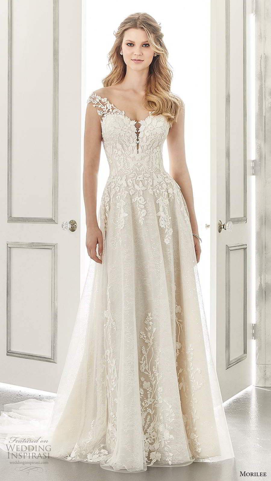 morilee spring 2021 bridal sheer off shoulder straps sweetheart neckline embellished bodice a line ball gown wedding dress chapel train (18) mv