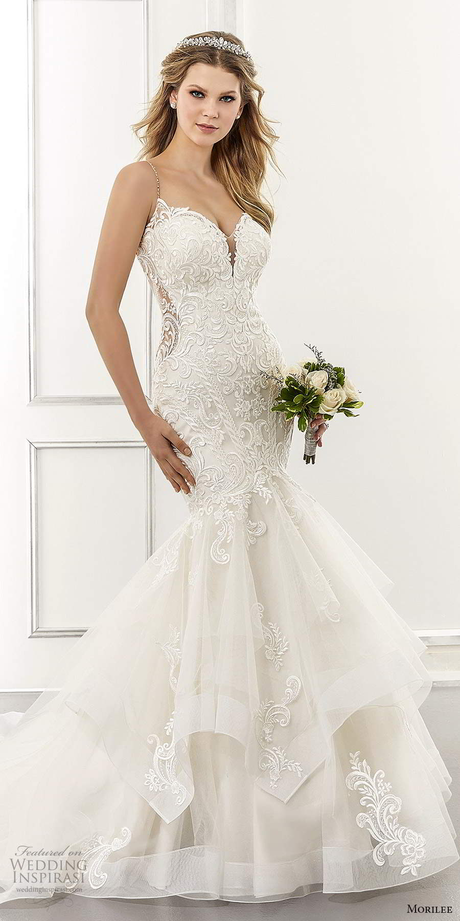 morilee spring 2021 bridal sleeveless beaded straps sweetheart neckline embellished lace fit flare mermaid wedding dress chapel train (5) mv