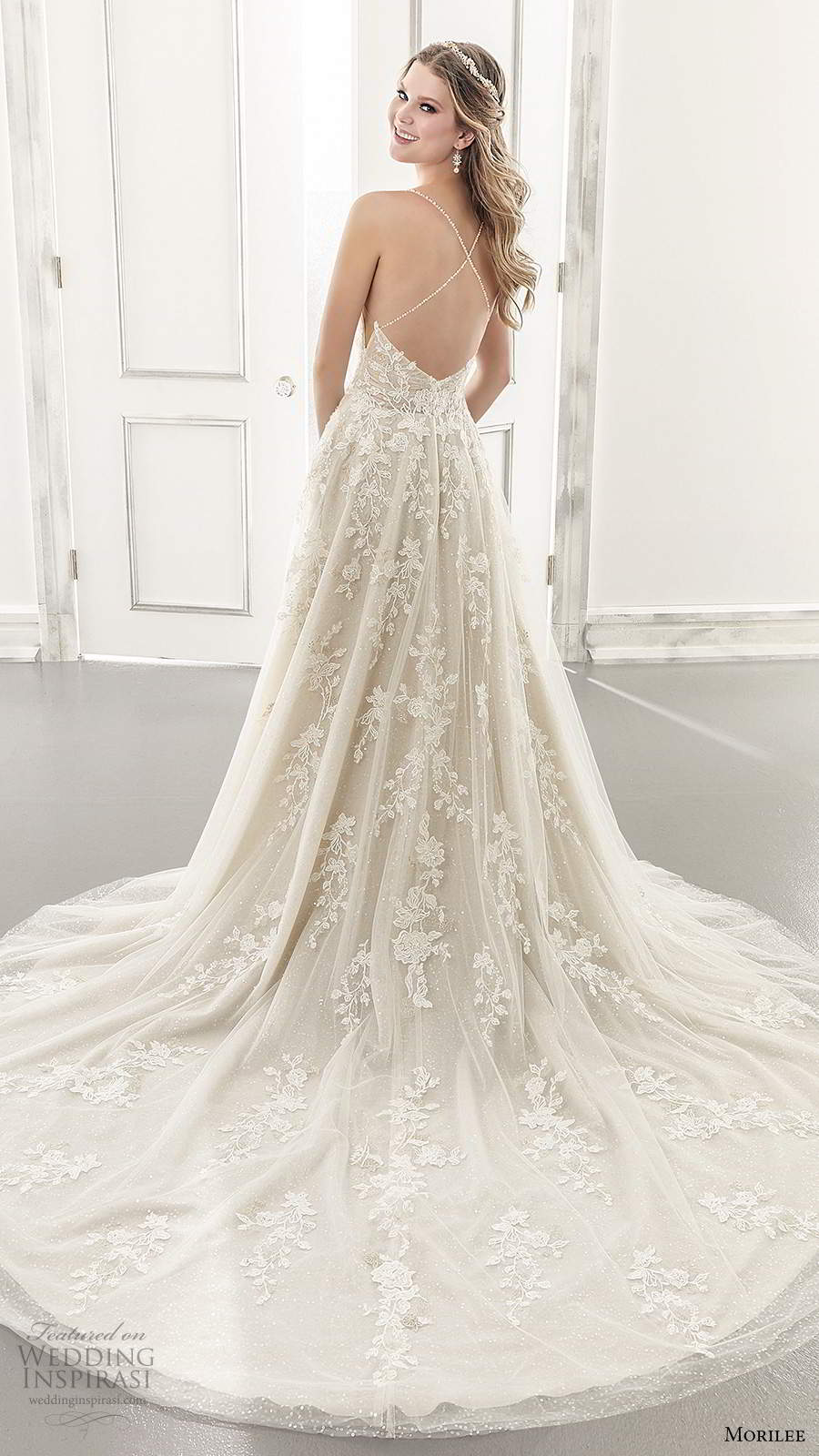 morilee spring 2021 bridal sleeveless beaded straps v neckline fully embellished a line ball gown wedidng dress chapel train (9) bv