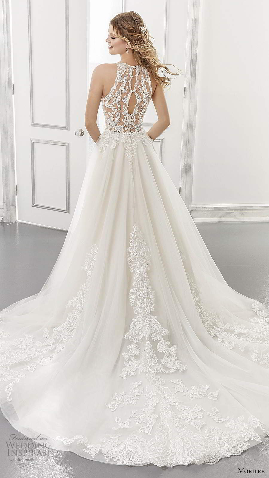 morilee spring 2021 bridal sleeveless illusion halter neckline embellished lace bodice a line ball gown wedding dress chapel train (14) bv