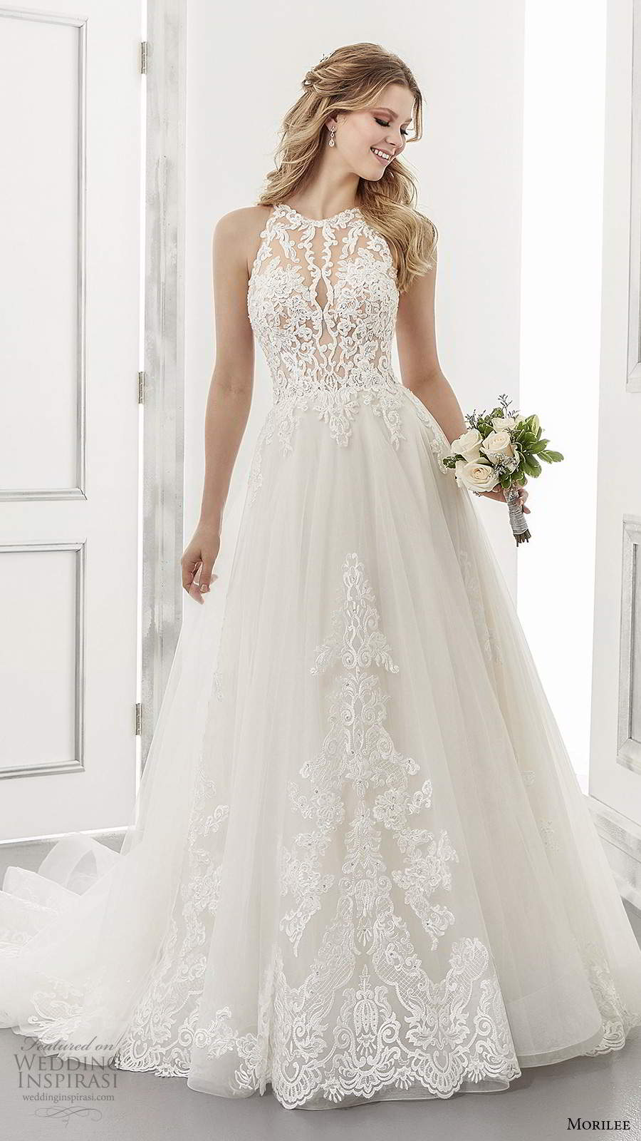 morilee spring 2021 bridal sleeveless illusion halter neckline embellished lace bodice a line ball gown wedding dress chapel train (14) mv